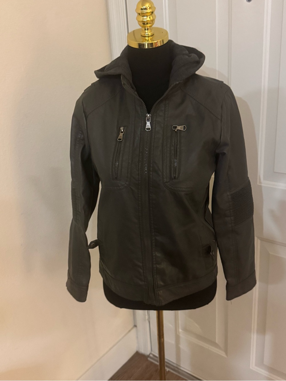 Boys Hooded Casual Faux leather Zip Jacket - Gray